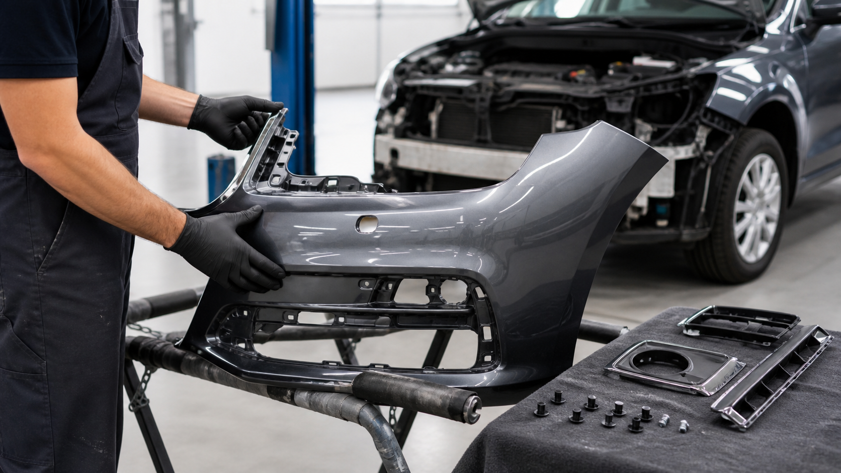 Front bumper replacement cover inspected on a body shop work stand