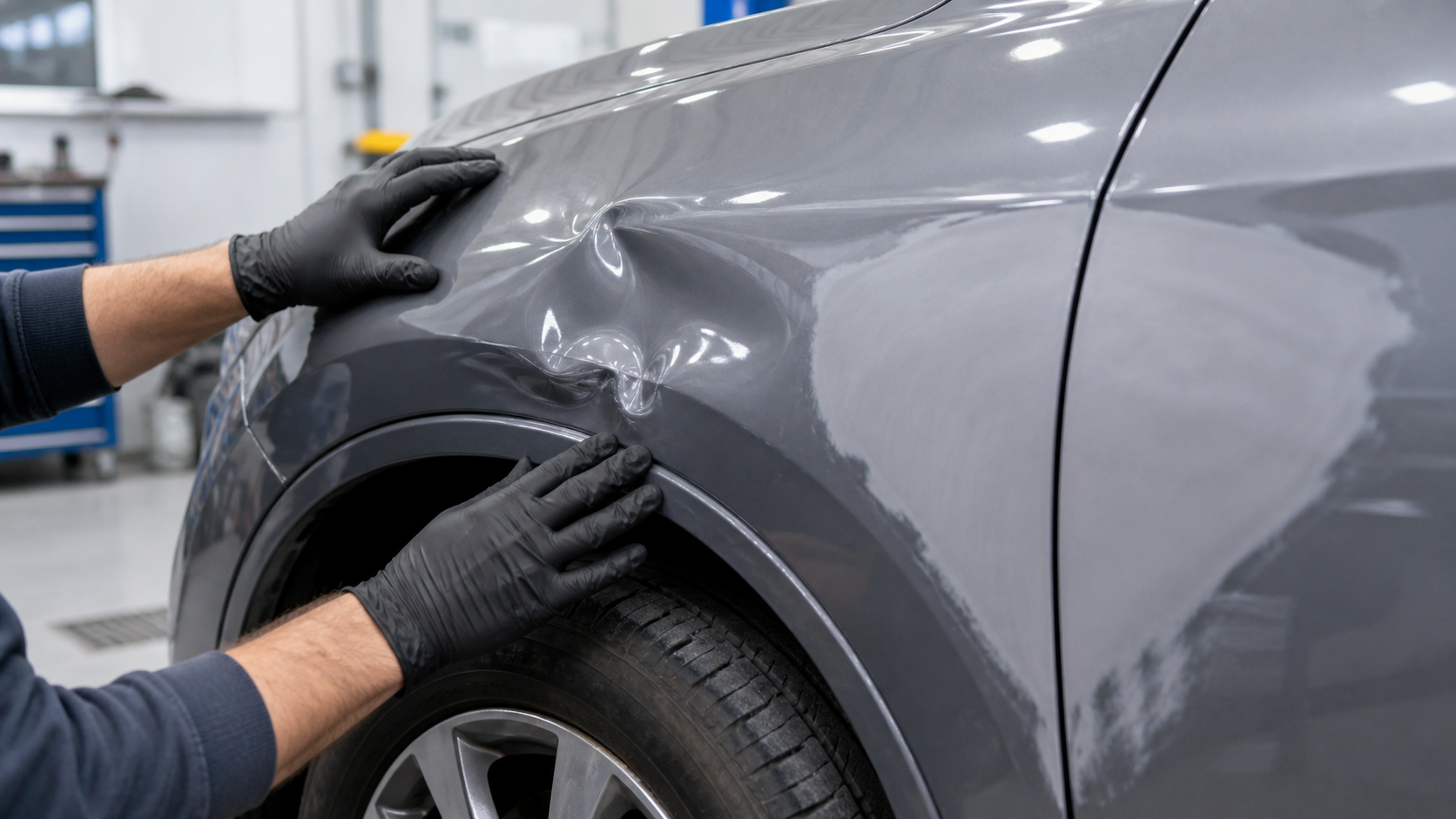 Damaged car fender near the wheel arch inspected for fender repair cost