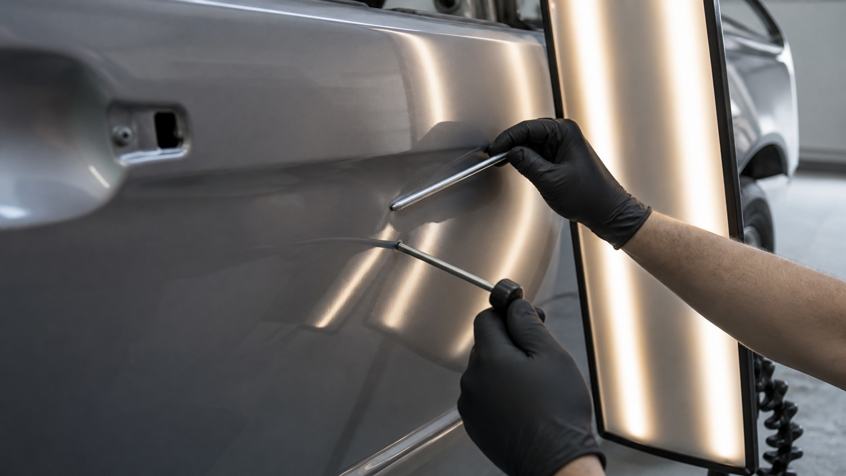Paintless dent repair tools used with a reflection board on a car door